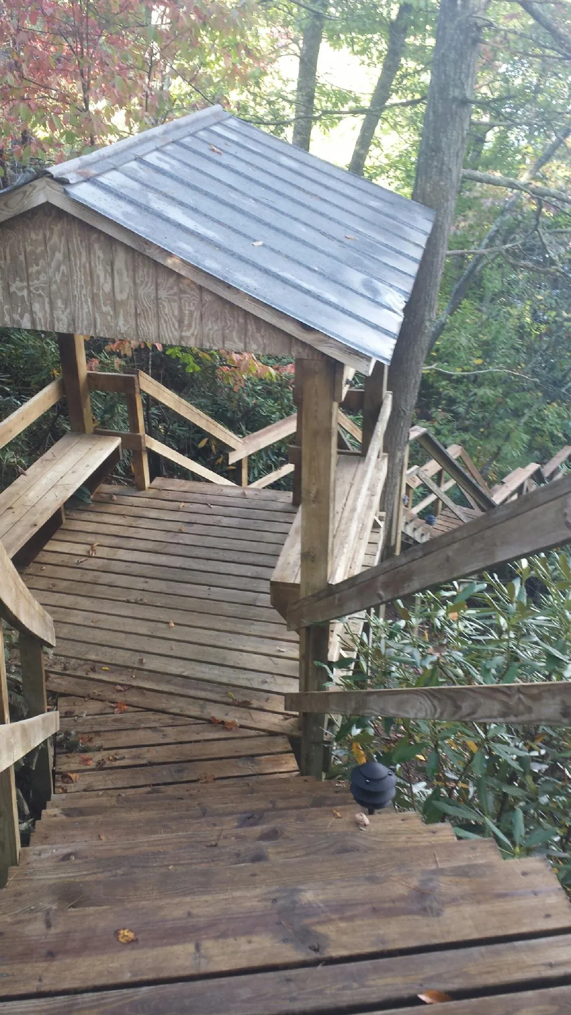 Metal roofed shelter over wooden steps on a wooded walkway — Skylight Repair & Installation work by our crew in Alpharetta
